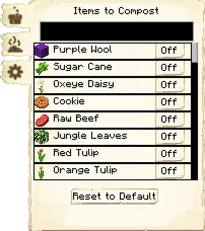 Items to compost tab of the Composter's Hut it's GUI