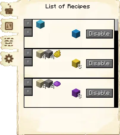 Crafting recipes tab of the Concrete Mixer's Hut it's GUI