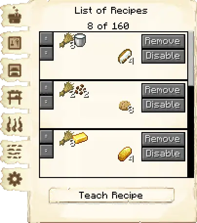 Crafting recipes tab of the Bakery it's GUI