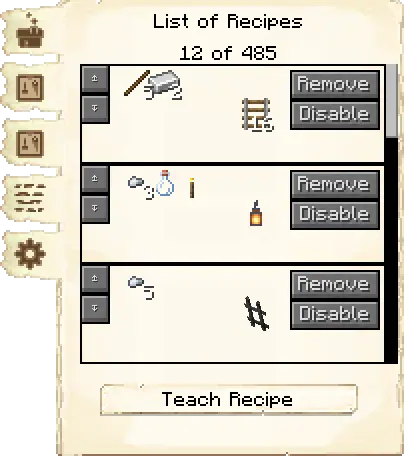 Crafting recipes tab of the Mechanic's Hut it's GUI