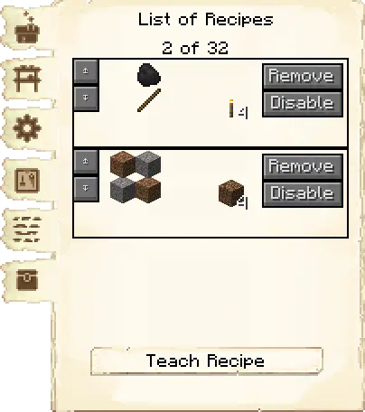Crafting recipes tab of the Builder's Hut it's GUI