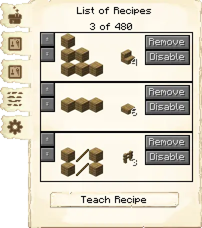 Crafting recipes tab of the Sawmill it's GUI