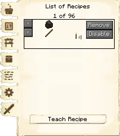 Crafting recipes tab of the Mine it's GUI