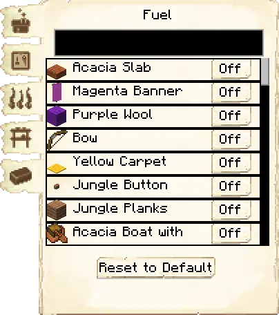 Fuel list tab of the Smeltery it's GUI
