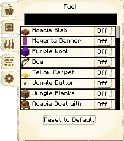 Fuel list tab of the Stone Smeltery it's GUI