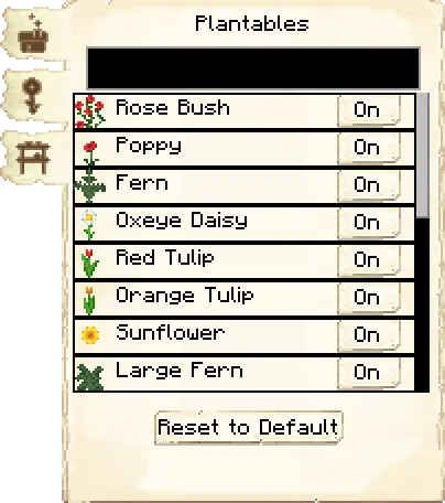 Plantables list tab of the Flowershop it's GUI