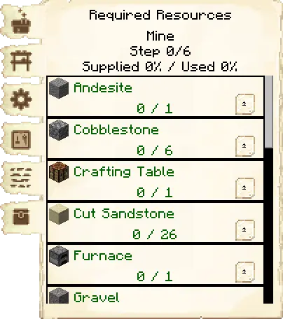Required resources tab of the Builder's Hut it's GUI