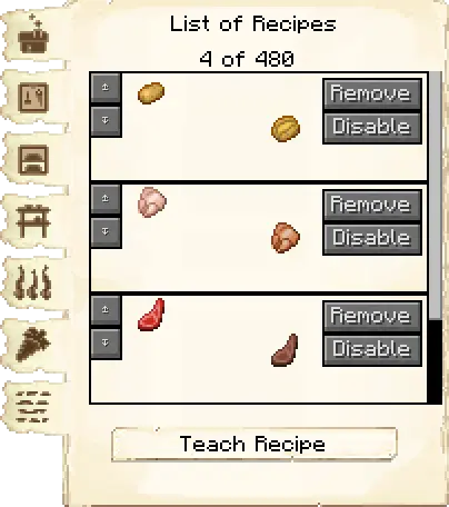 Smelting recipes tab of the Restaurant it's GUI