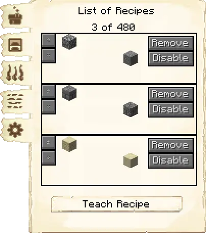 Smelting recipes tab of the Stone Smeltery it's GUI