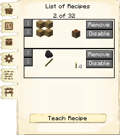 Crafting recipes tab of the Builder's Hut it's GUI