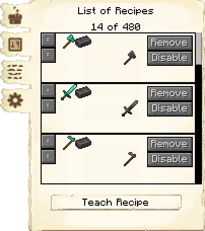 Crafting recipes tab of the Blacksmith's Hut it's GUI