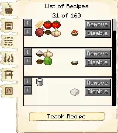 Crafting recipes tab of the Cookery it's GUI