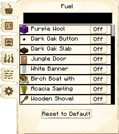 Fuel list tab of the Dyer's Hut it's GUI