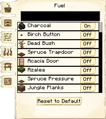 Fuel list tab of the Cookery it's GUI