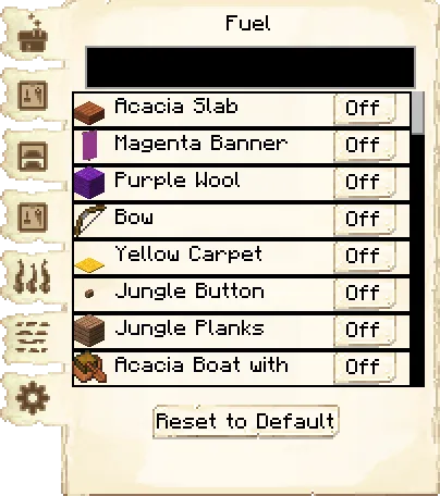 Fuel list tab of the Glassblower's Hut it's GUI