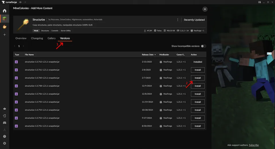 CurseForge specific mod version installation page