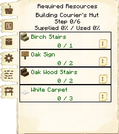 Required resources tab of the Builder's Hut it's GUI