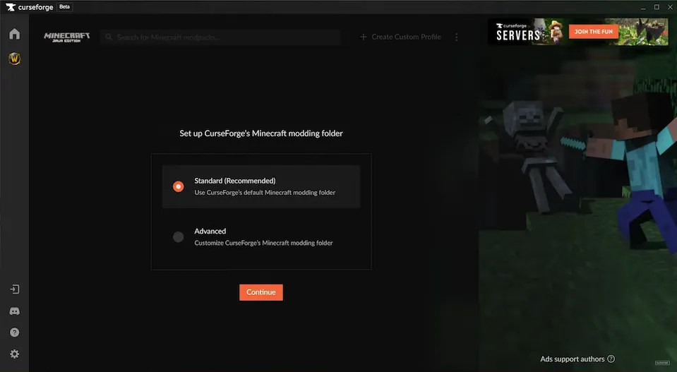 CurseForge Minecraft installation page