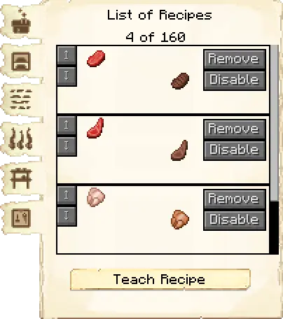 Smelting recipes tab of the Cookery it's GUI