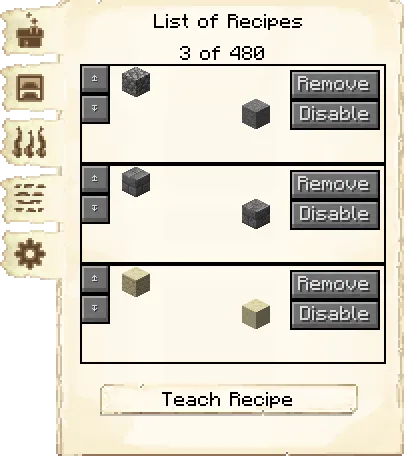 Smelting recipes tab of the Stone Smeltery it's GUI