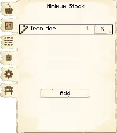 Minimum stock tab of the Farmer's Hut it's GUI
