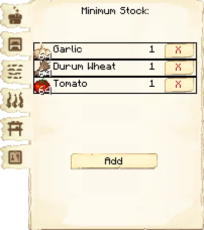 Minimum stock tab of the Cookery it's GUI