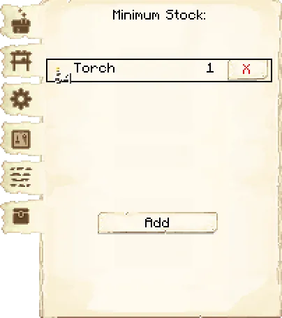 Minimum stock tab of the Builder's Hut it's GUI