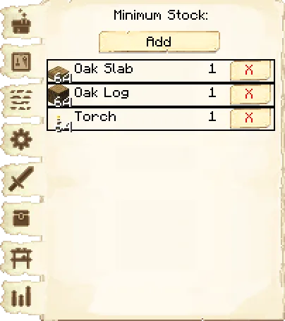Minimum stock tab of the Mine it's GUI