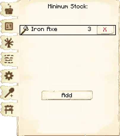Minimum stock tab of the Forester's Hut it's GUI
