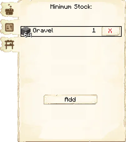 Minimum stock tab of the Sifter's Hut it's GUI
