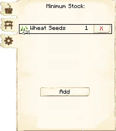 Minimum stock tab of the Chicken Farmer's Hut it's GUI