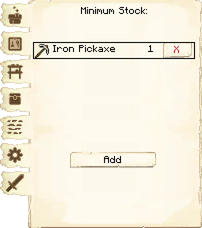 Minimum stock tab of the Mine it's GUI