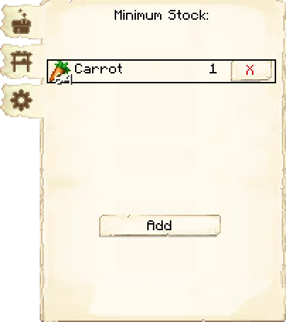 Minimum stock tab of the Swineherd's Hut it's GUI