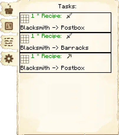 Tasks tab of the Blacksmith's Hut it's GUI